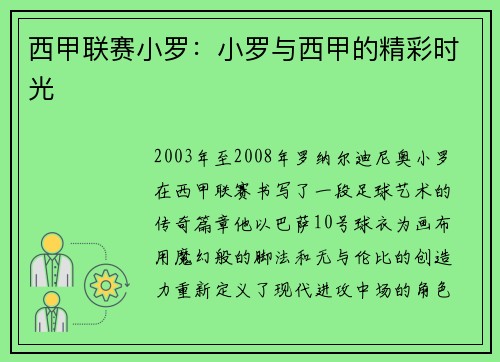西甲联赛小罗：小罗与西甲的精彩时光