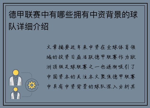 德甲联赛中有哪些拥有中资背景的球队详细介绍